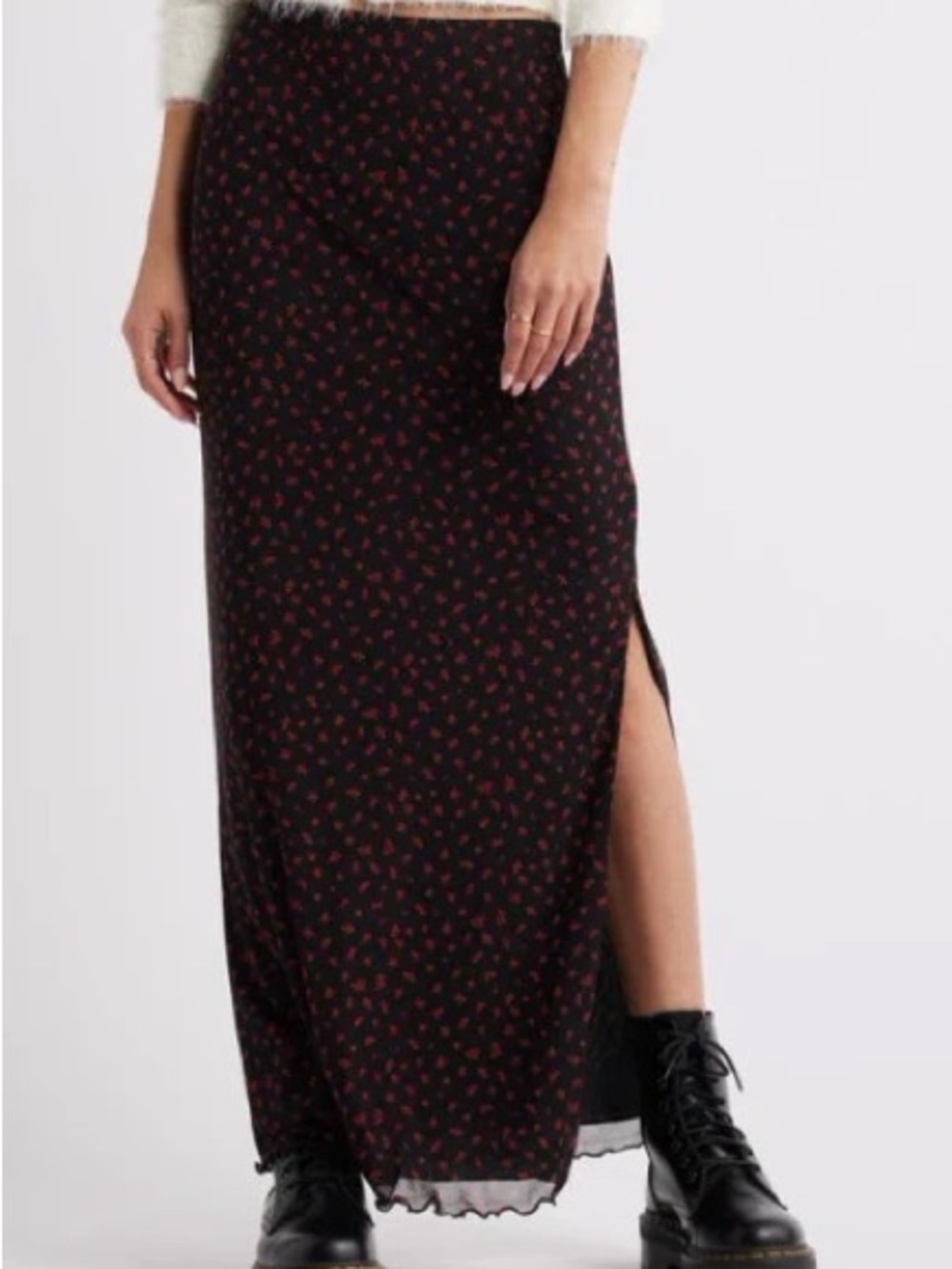 BP Black Maxi Skirt with Red Floral Motif and Side Slit